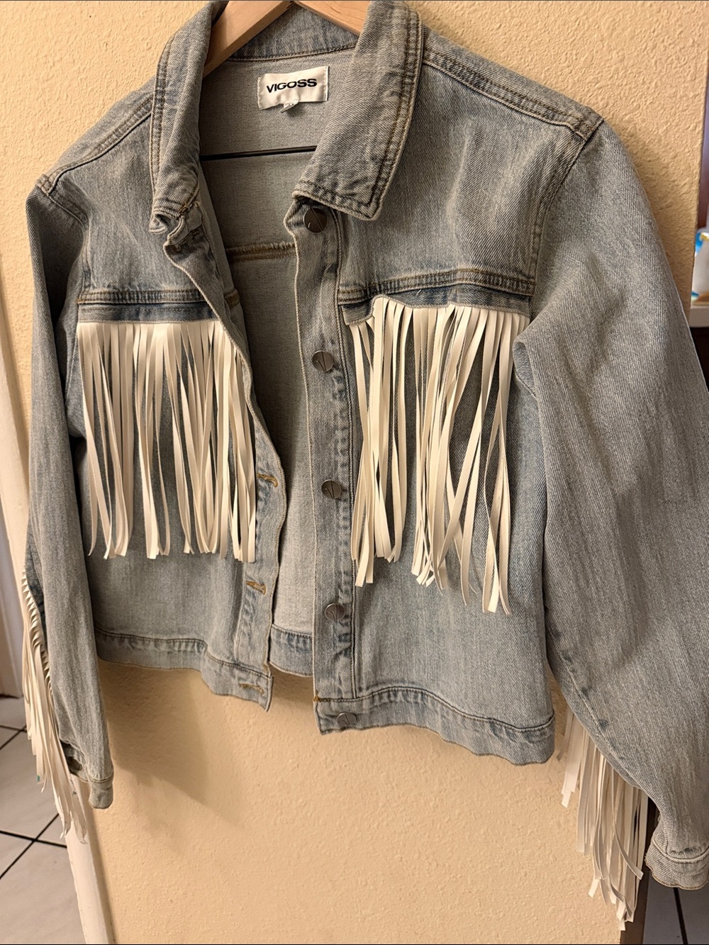 Vigoss Light Wash Denim Jacket with White Fringe